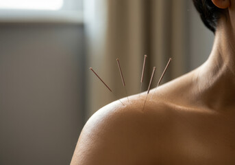 Person is laying down receiving acupuncture treatment on the shoulder with needles
