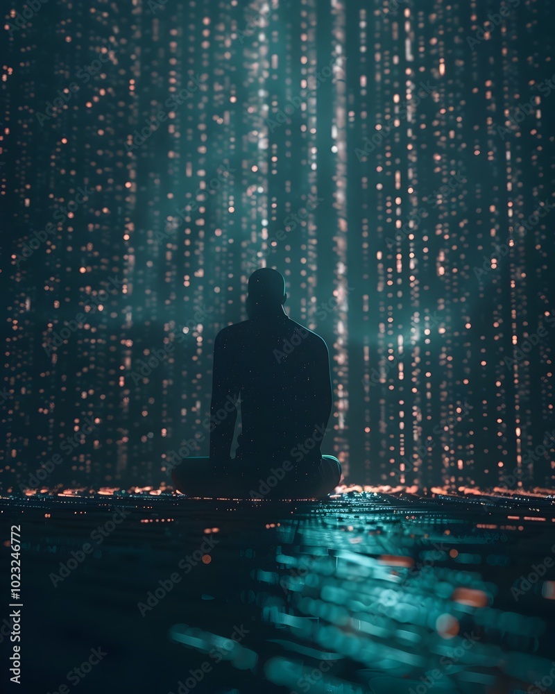 Poster hacker surrounded by glowing lines of code unaware of fraud detection spotlight closing in