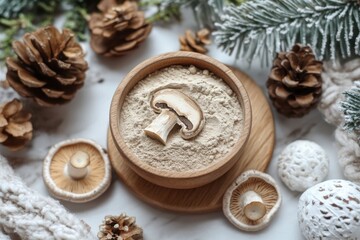 Fototapeta premium kitchen organizing ideas, a packet of mushroom powder sitting on an oak kitchen counter, complemented by winter-themed home decor items