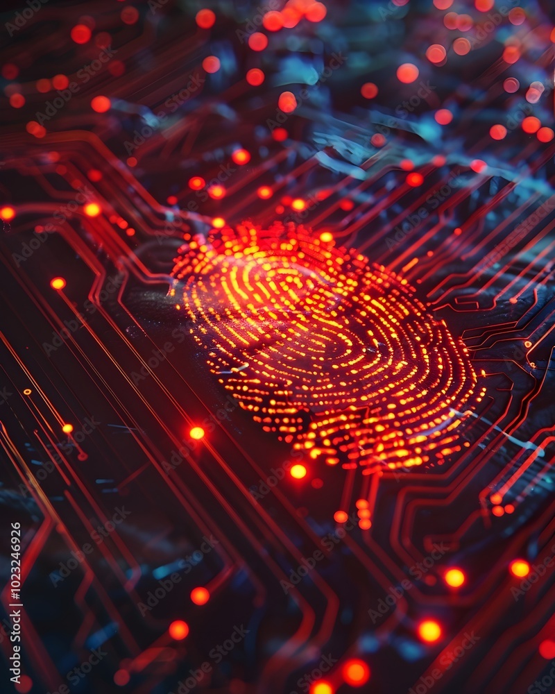 Poster futuristic fingerprint scanner analyzing glowing data streams for secure biometric authentication