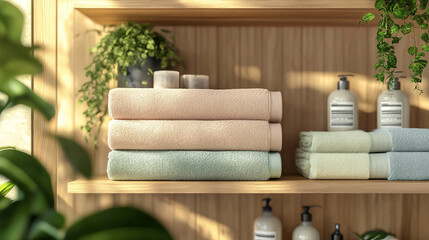  plush terry towels in various colors, neatly folded on a shelf in a cozy, elegant bathroom. 
