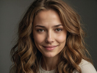 Natural Beauty Woman with Wavy Hair, Captivating Smile, and Soft Lighting - Professional Portrait Photography