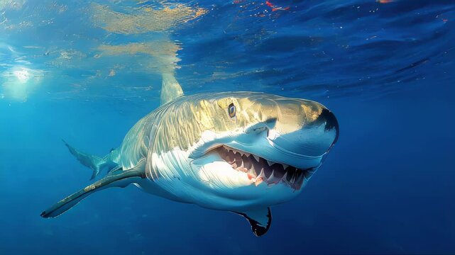 Powerful image of three great white sharks swimming in the deep blue ocean, displaying the raw beauty and danger of marine wildlife