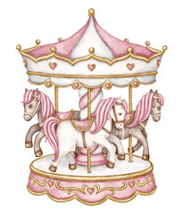 Carousel watercolor clipart. Pink carousel Horse. Nursery clipart. Amusement Park.  © Oksana