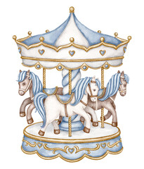 Carousel watercolor clipart. Blue carousel Horse. Nursery clipart. Amusement Park.  © Oksana