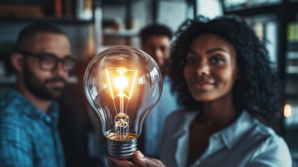 Illuminated Light Bulb Symbolizing Ideas in a Team Meeting