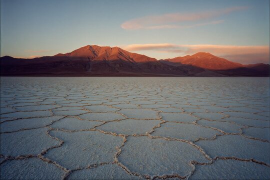 Salt Flats at Sunset with Mountain Range in Background and Pink Clouds