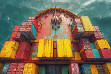 Fototapeta premium colorful cargo ship viewed from above showcasing its vibrant containers and intricate layout set against a vast ocean backdrop emphasizing global trade and transportation