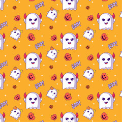 Halloween ghosts pattern, cute characters in pumpkins, horns, boo text on orange background in flat for wrapping papers, wallpapers, packaging, scary autumn party illustration