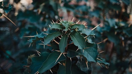 Fototapeta premium Dark green plant with large leaves and sharp thorns, soft lighting, blurred background
