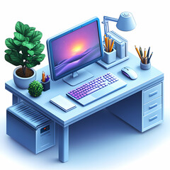 Glossy Home Office Desk Setup with Organized Stationery and Laptop: Stylish and Functional Workspace Photography for Stock Images