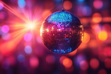 colorful disco mirror ball spinning in a lively nightclub with beams of light reflecting off its surface creating an energetic and festive atmosphere filled with vibrant colors