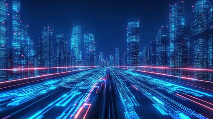 Fototapeta premium Futuristic smart city at night, blue neon lights and digital data streams connecting the infrastructure in a metaverse concept