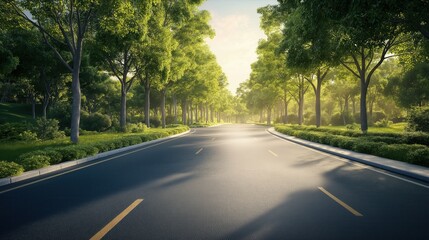 Obraz premium Serene Curved Road Through a Sunlit Green Park