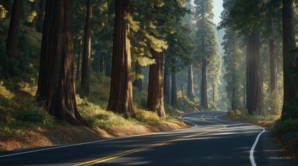 Obraz premium Winding Road Through a Majestic Redwood Forest