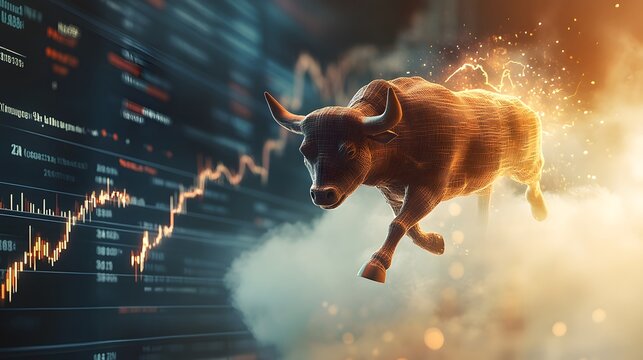 Bull charging towards a strong financial graph with rising stock values