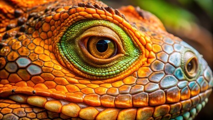 Fototapeta premium Close-up of bright orange iguana eye with dark brown skin and green/yellow markings