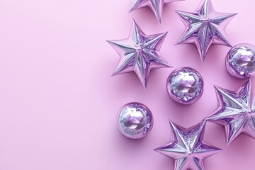 Shiny silver stars spheres on pastel pink background