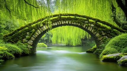 Fototapeta premium Moss-covered stone bridge over a tranquil river, surrounded by weeping willows gently touching the water
