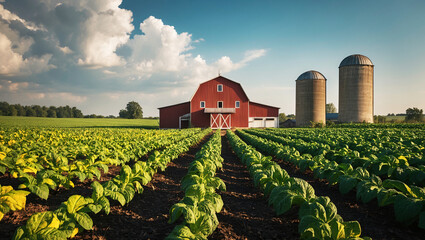 Red barn and silos on a tobacco farm with rows of green plants