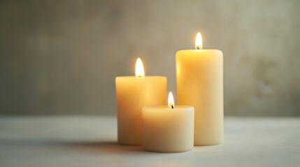 Trio of softly glowing pillar candles with warm flames isolated on a clean white surface