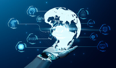 Ai robot futuristic artificial intelligence technology world development concept, computer machine learning online data security innovation creative idea, graphic icon illustration blue background