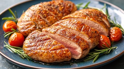 Juicy grilled duck breast with herbs cherry tomatoes on plate