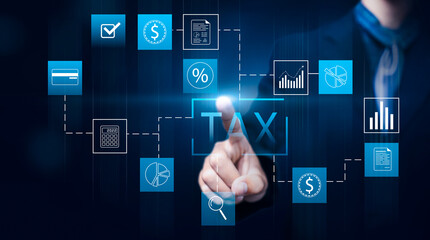 Businessman writing planning analyzing tax payment calculating tax return expenditures income and expenses, working for business and corporation accountant worker data information, graphical display