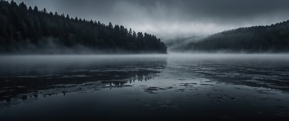Fototapeta premium Dark atmospheric misty forest lake landscape in the morning. White fog clouds over the river and blurry black trees in the background.
