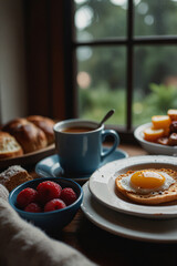 Morning breakfast, hot coffee, and bread. 