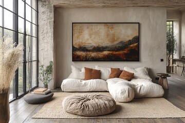 Cozy Living Room with Framed Wall Art Display