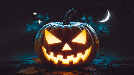 A glowing orange jack-o-lantern with a spooky grin against a dark blue night sky with a crescent moon. Halloween celebration. 
