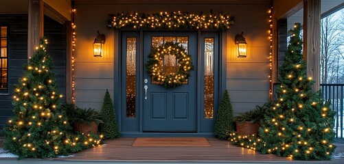 Warmly Lit Front Porch with String Lights and Natural Pine Garland Around the Door for Christmas