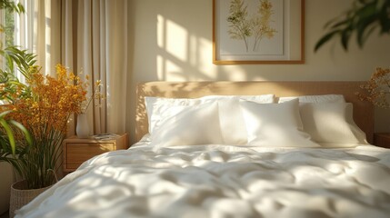 comfortable modern bedroom featuring plush cream and white pillows artfully arranged on a sleek bed bathed in soft warm natural light creating an inviting atmosphere