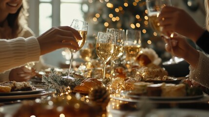 A family enjoying a New Yeara??s brunch, with sparkling decorations and delicious food filling the table.