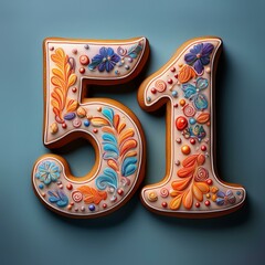 Decorated cookie, number 51, illustration for birthday or anniversary celebration