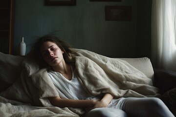 Obraz premium Sick woman blanket portrait adult.