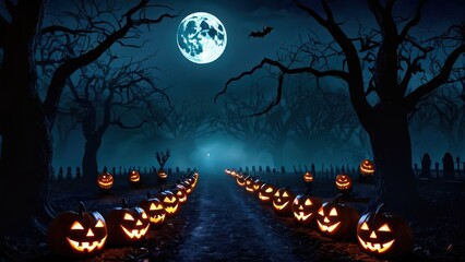 Eerie Halloween scene featuring illuminated jack-o'-lanterns on a path under a haunting full moon, surrounded by dark, bare trees. Perfect for creating a spooky atmosphere.