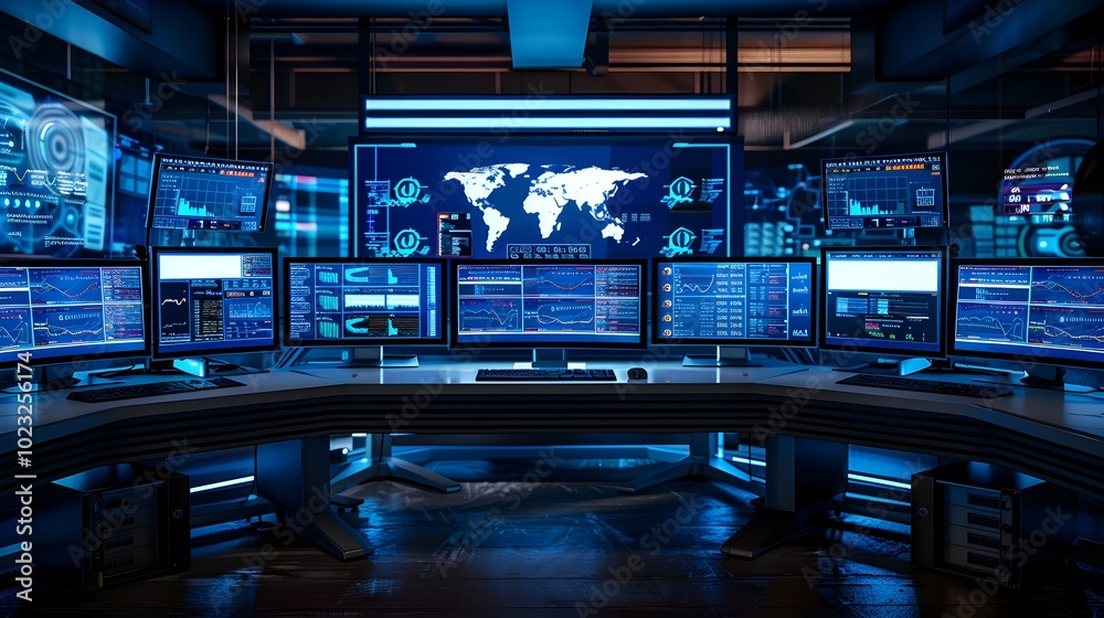 Poster cybersecurity command center monitoring real time data breaches and fraud detection