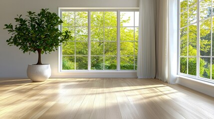 Obraz premium Bright room with large windows, greenery outside, and a potted plant, creating a serene indoor atmosphere.