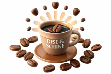 Dynamic Vector of Floating Espresso Cup with Coffee Beans Wake Up Call and Rise & Shine Text - Perfect for Energetic Coffee Promotions