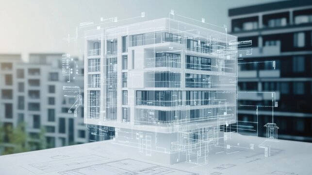White background vector illustration of a 3D digital model with architectural blueprints, BIM software interface