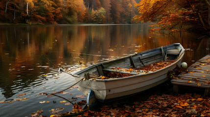Fototapeta premium Serene Autumn Lake Scene. Old Wooden Rowboat Adorned with Fallen Leaves