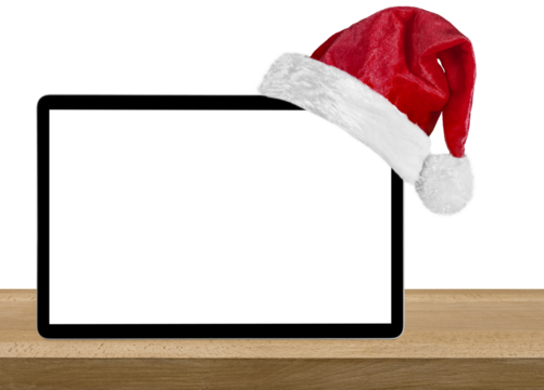 a tablet computer isolated with a Santa Claus hat for Christmas on the white backgrounds - Powered by Adobe