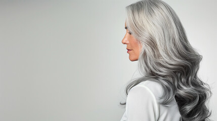 A graceful woman with long, healthy, flowing gray hair, full of volume and shine, embracing her natural beauty