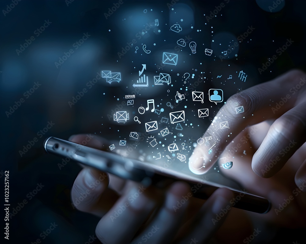 Poster hand holding smartphone with sentiment analyzing text messages