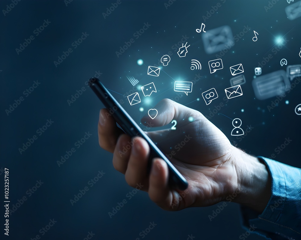 Poster hand holding smartphone with floating text messages and sentiment icons