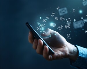 Hand Holding Smartphone with Floating Text Messages and Sentiment Icons