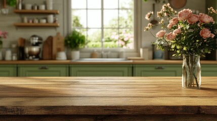 Wooden table surface with a soft, blurred green kitchen in the background, perfect for showcasing kitchen products or decor