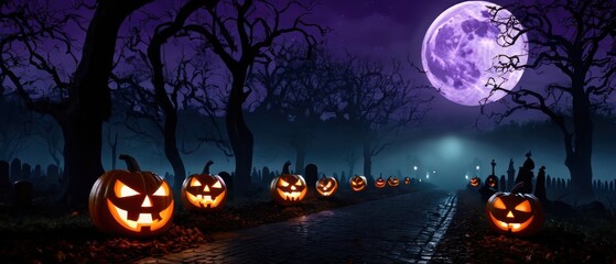 Eerie Halloween scene featuring illuminated jack-o'-lanterns on a path under a haunting full moon, surrounded by dark, bare trees. Perfect for creating a spooky atmosphere.